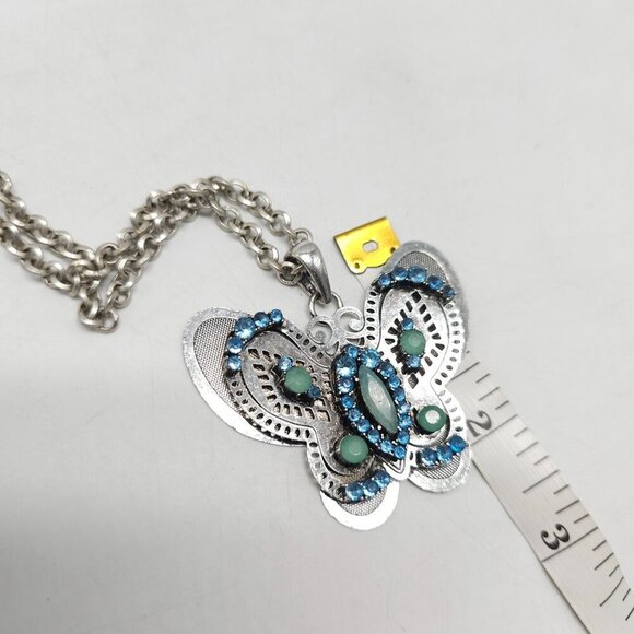 Butterfly Pendant Necklace By Jessica Simpson Blue Green Crystal Silver Tone - Picture 7 of 7